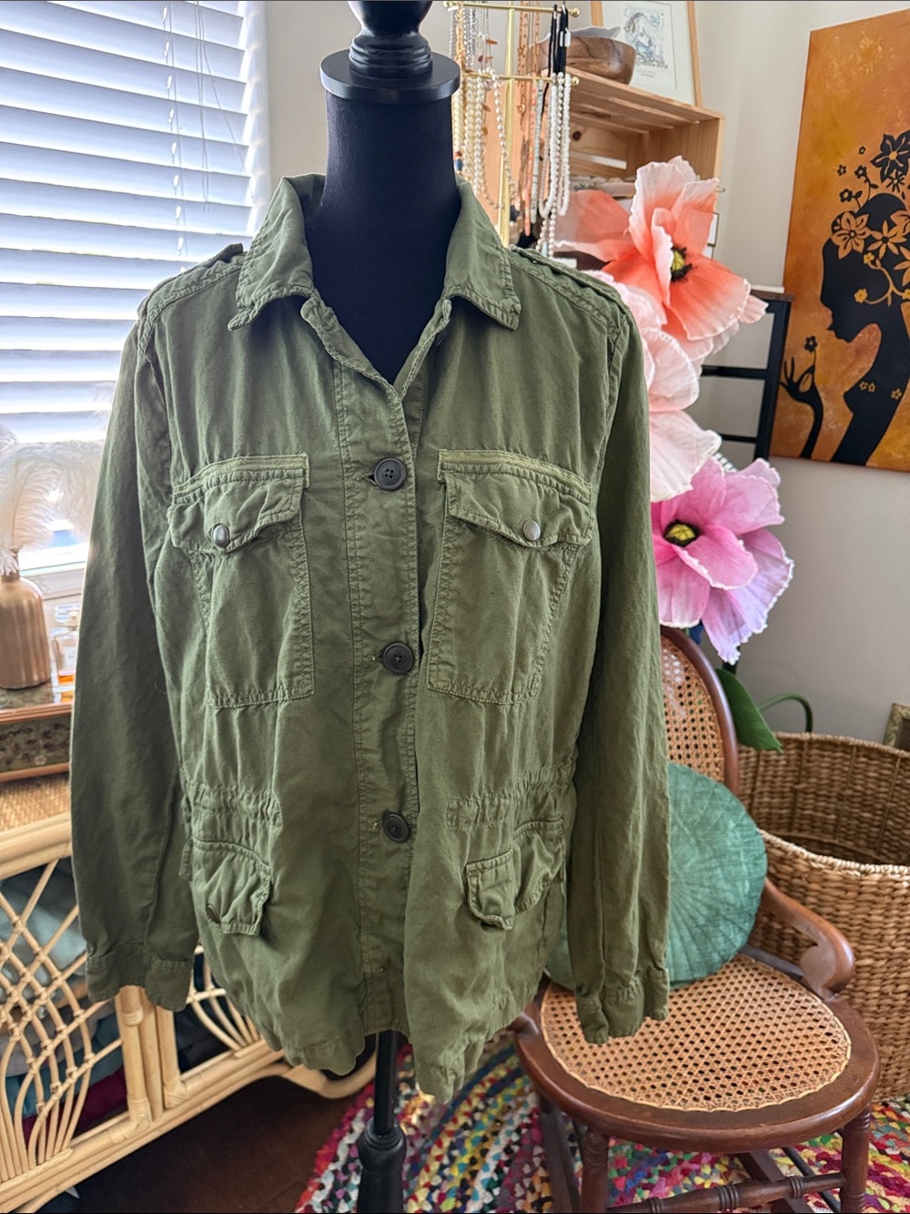 Gap Army Green Button Up Linen Cotten Military Utility Jacket